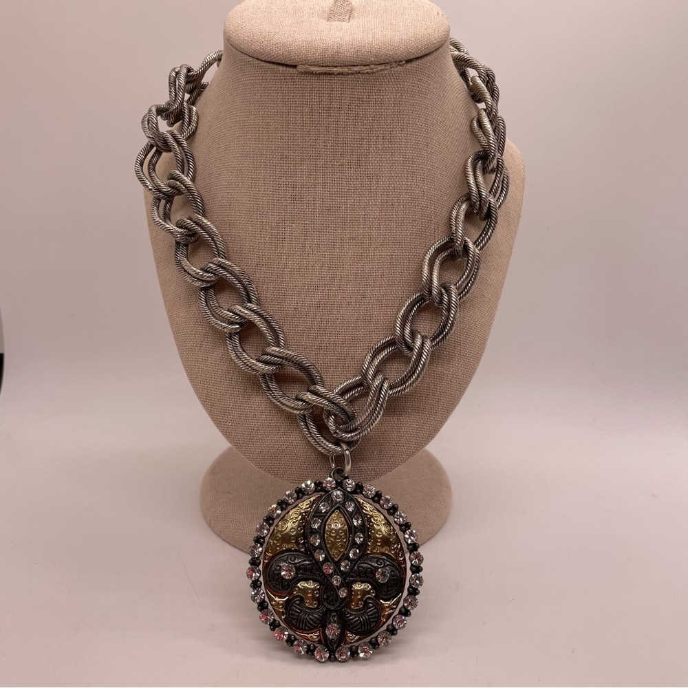 Fleur De Lis Pendant Gold Black Rhinestone Chunky Silver Tone Chain Necklace